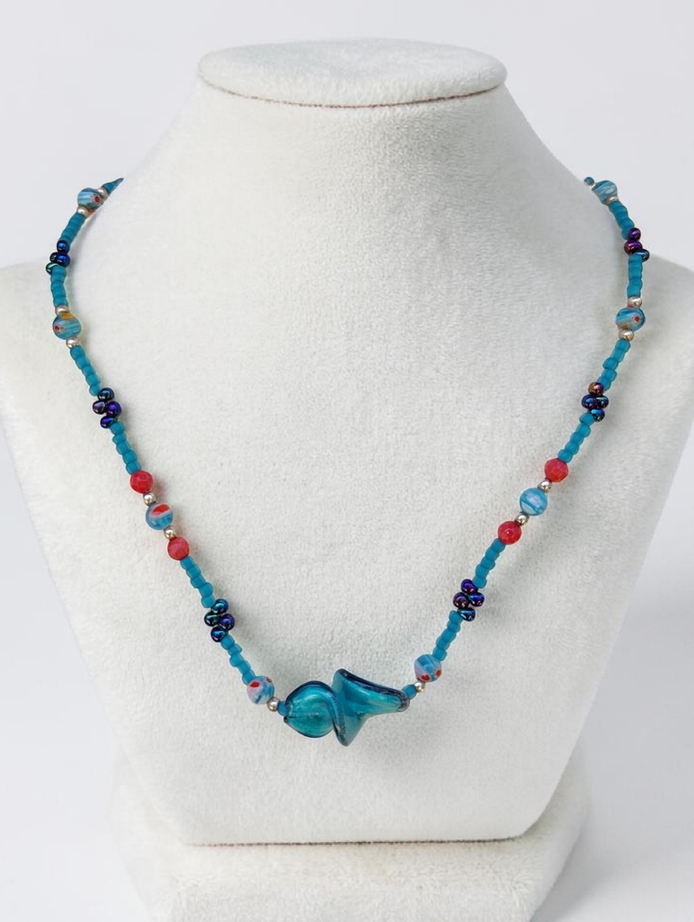 Sterling Silver Millefiori Murano Art Glass Beaded Necklace